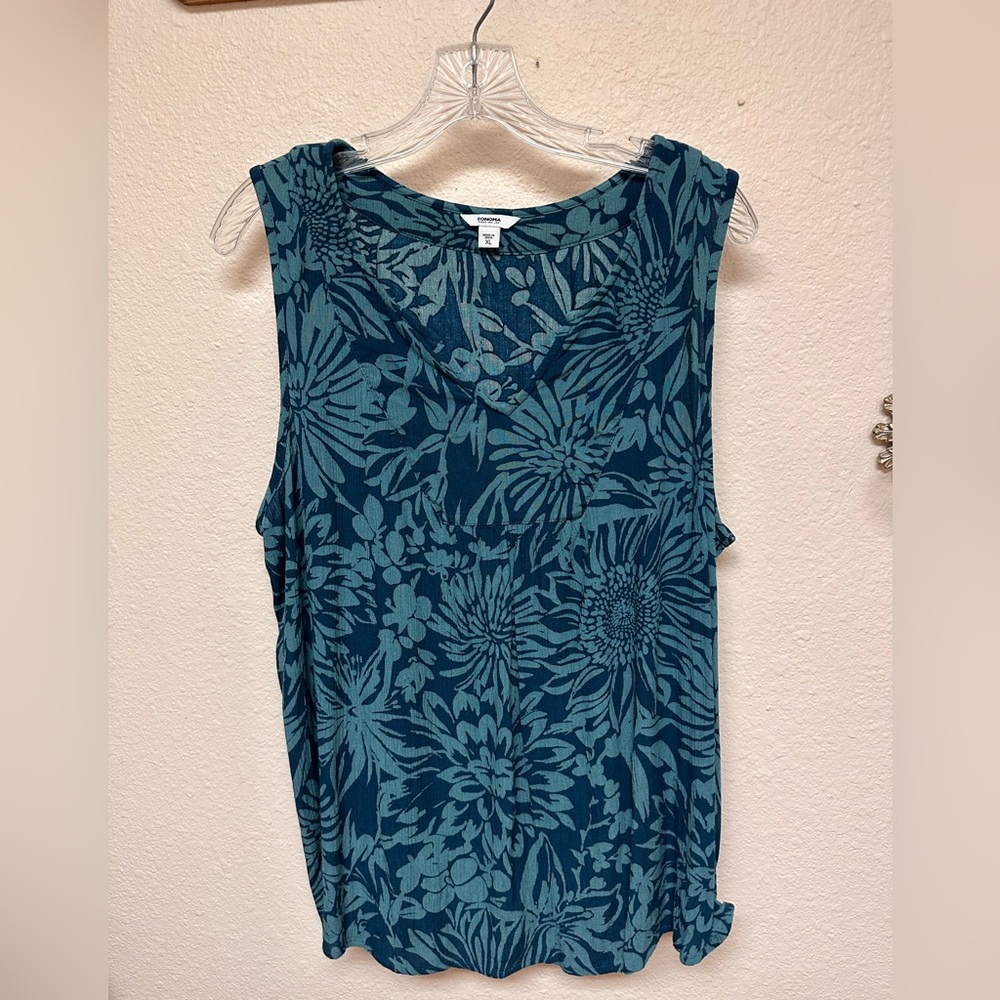 Sonoma Womens Notched-front sleeveless top. XL. Teal blue floral print.